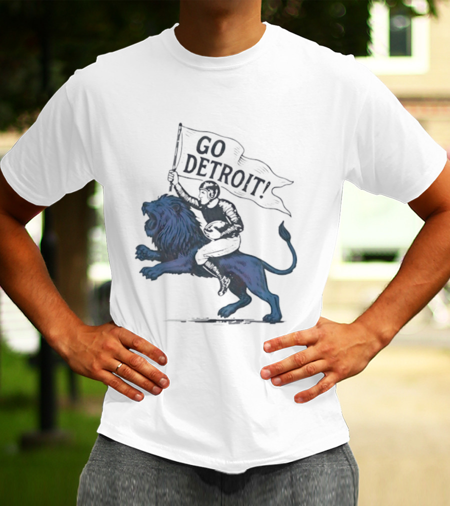 Go Detroit Football Player Riding Lion T-Shirt