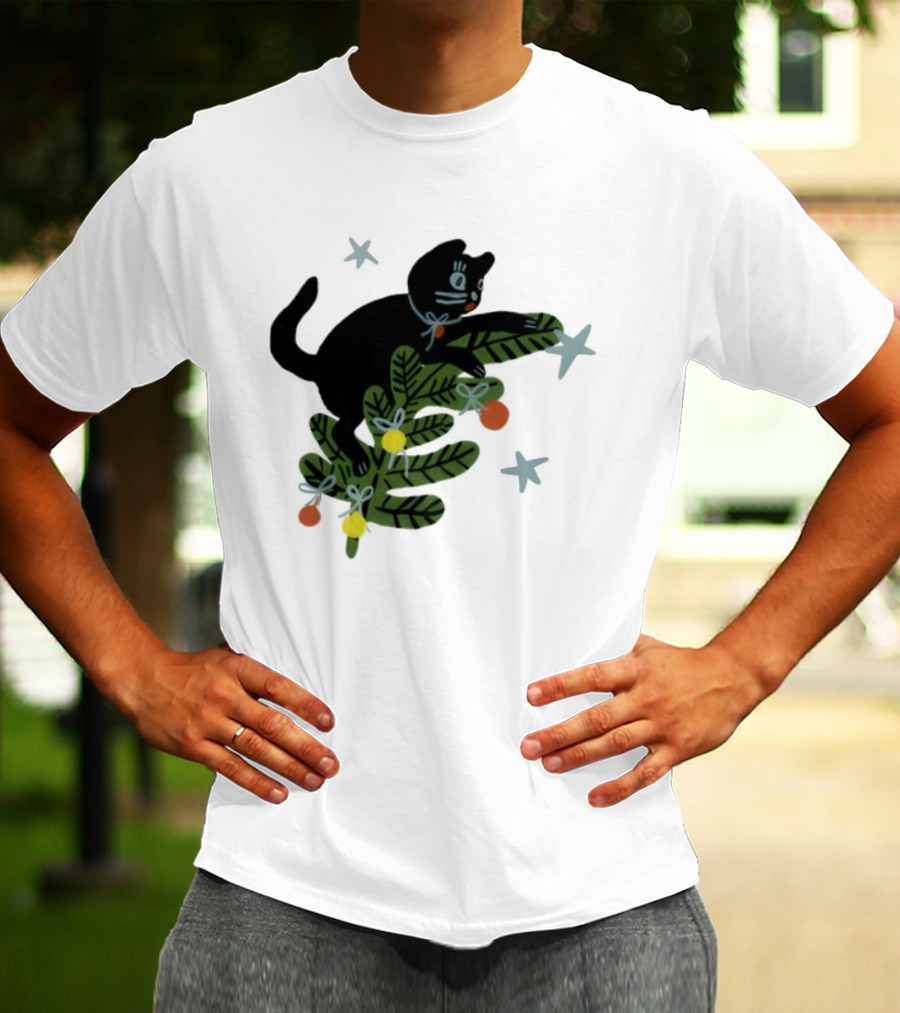 Christmas Tree Cat With Stars Yarrow Goods T-Shirt