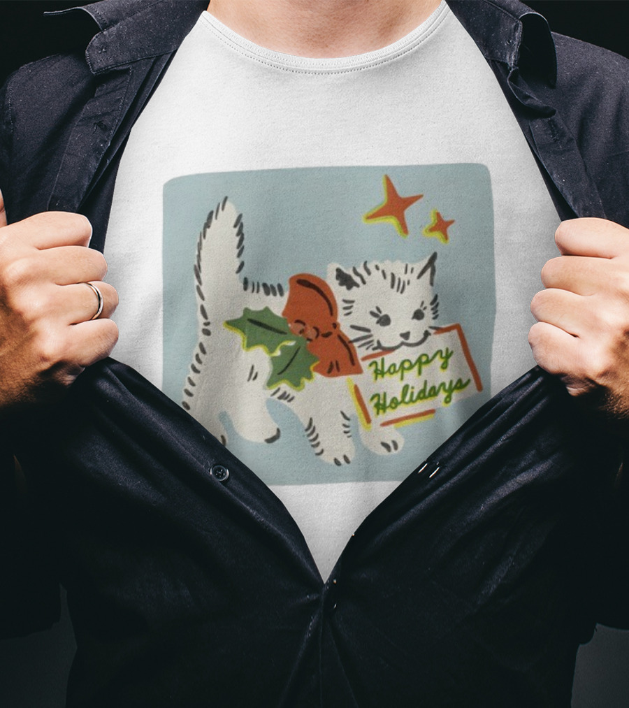 Happy Holidays Cat With Holly And Stars By Yarrow Goods T-Shirt