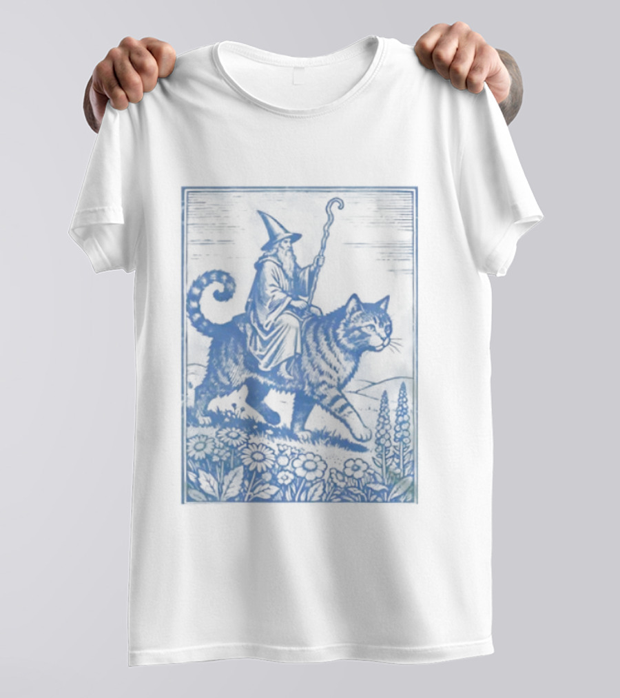 Wizard Riding Cat Blue Vintage Fantasy Adventure Scene T-Shirt