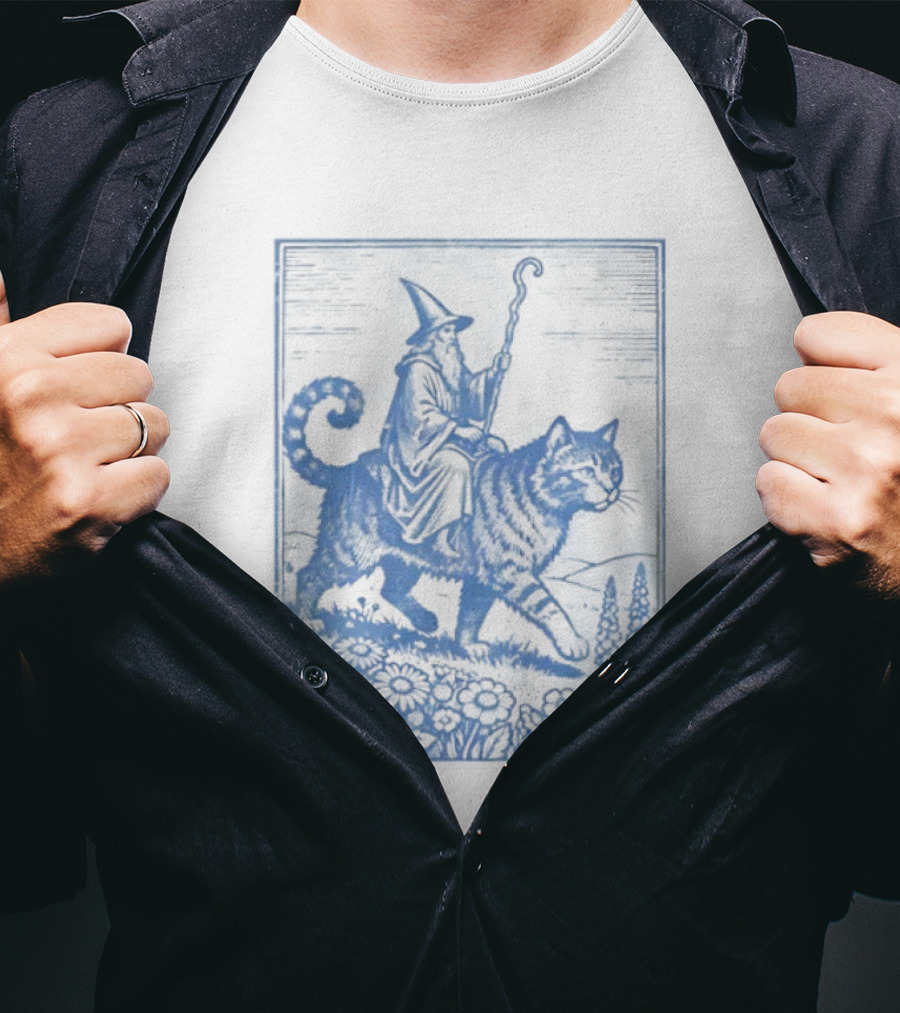 Wizard Riding Cat Blue Vintage Fantasy Adventure Scene T-Shirt