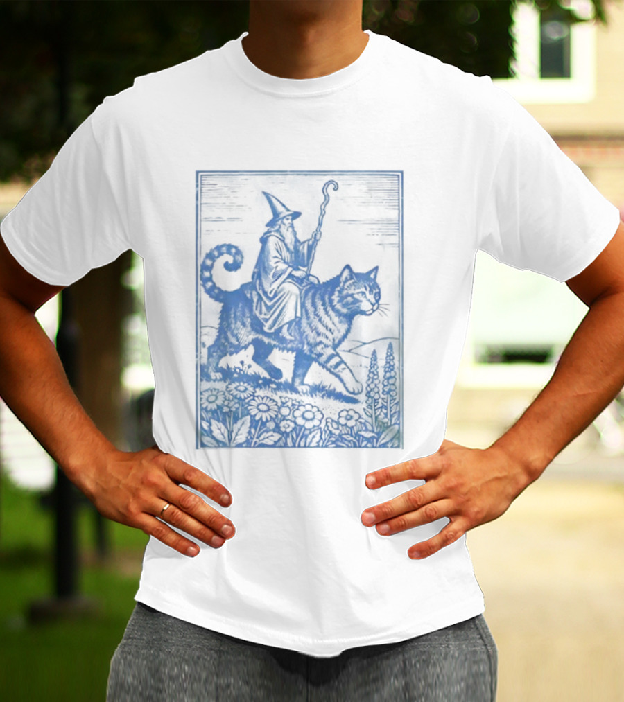 Wizard Riding Cat Blue Vintage Fantasy Adventure Scene T-Shirt