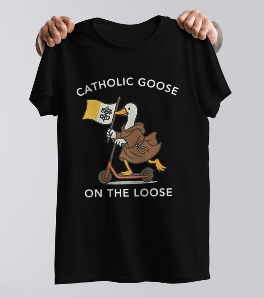 Catholic Goose On The Loose Holding Flag Riding Scooter T-Shirt
