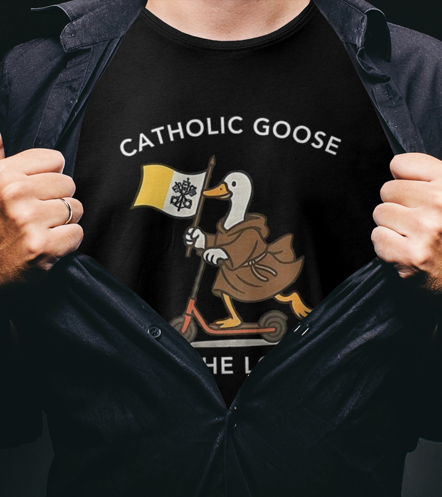 Catholic Goose On The Loose Holding Flag Riding Scooter T-Shirt
