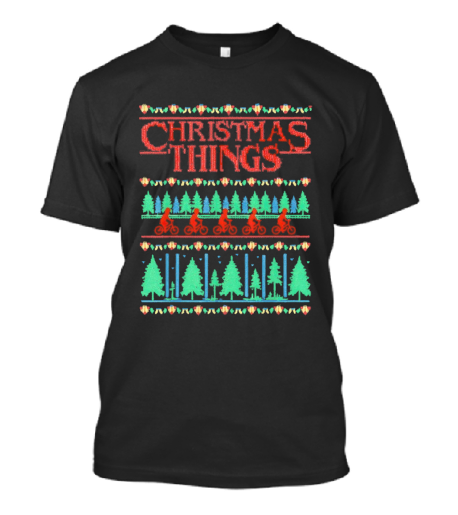 Christmas Things Holiday Sweater Lights And Bicycles Forest Theme T-Shirt