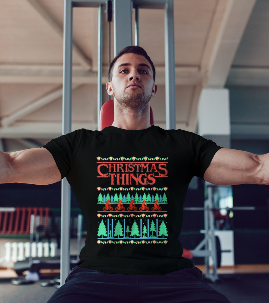 Christmas Things Holiday Sweater Lights And Bicycles Forest Theme T-Shirt