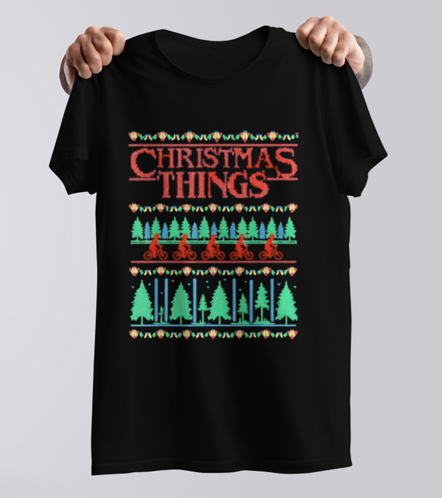 Christmas Things Holiday Sweater Lights And Bicycles Forest Theme T-Shirt