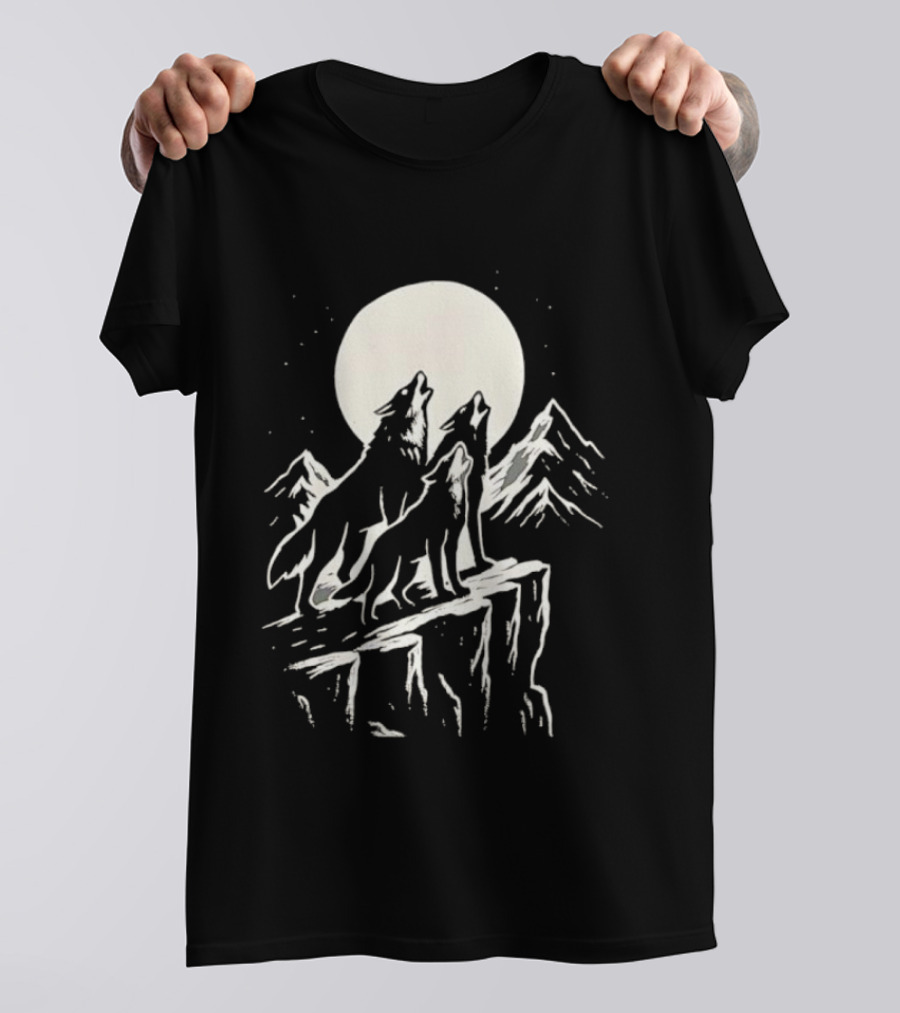 Howling Wolves Moonlit Mountains Black White T-Shirt