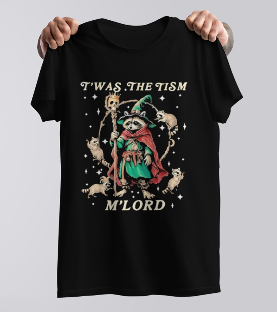 T’was The Tism M’Lord Funny Wizard Raccoon Witch Autism T-Shirt