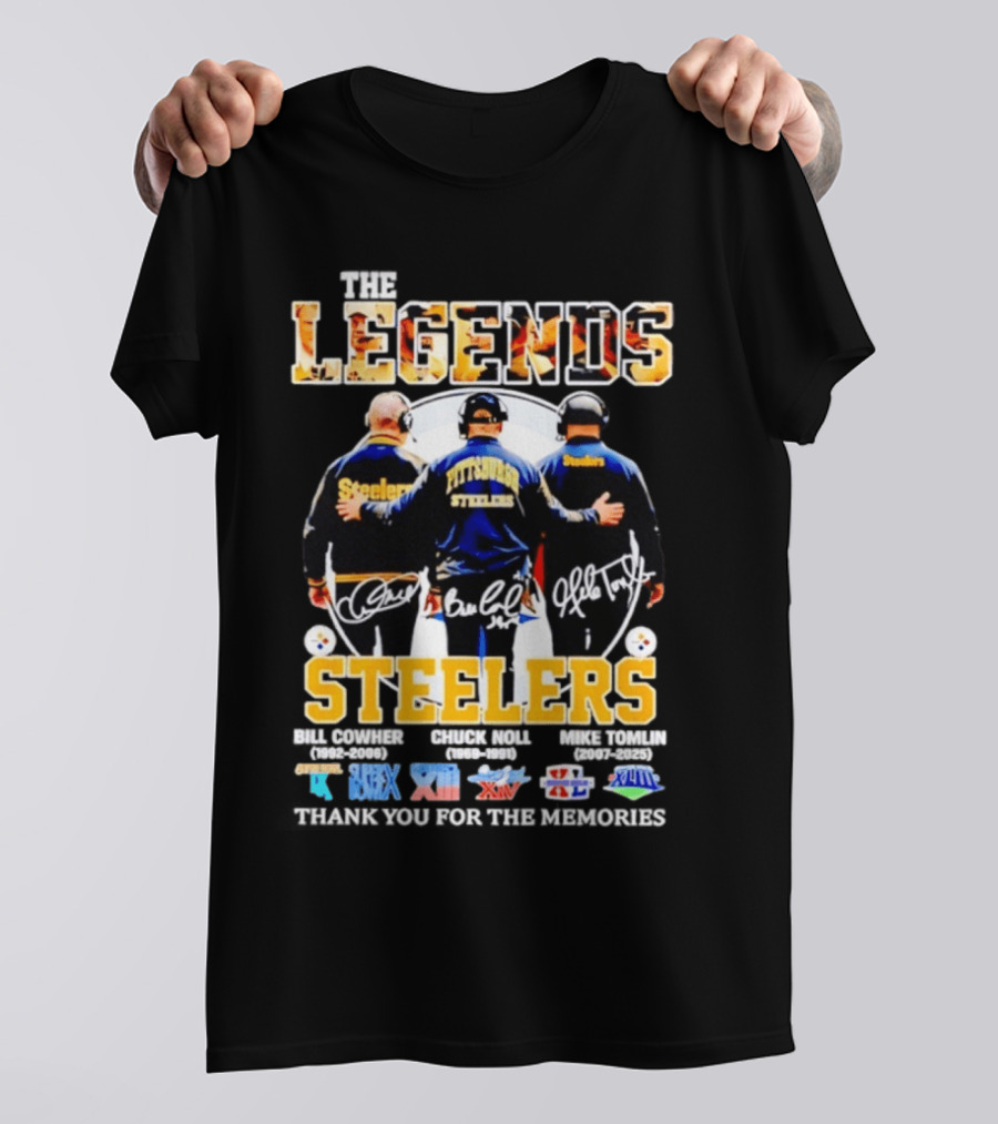 Pittsburgh Steelers Legends Bill Cowher Chuck Noll Mike Tomlin Thank You For The Memories T-Shirt