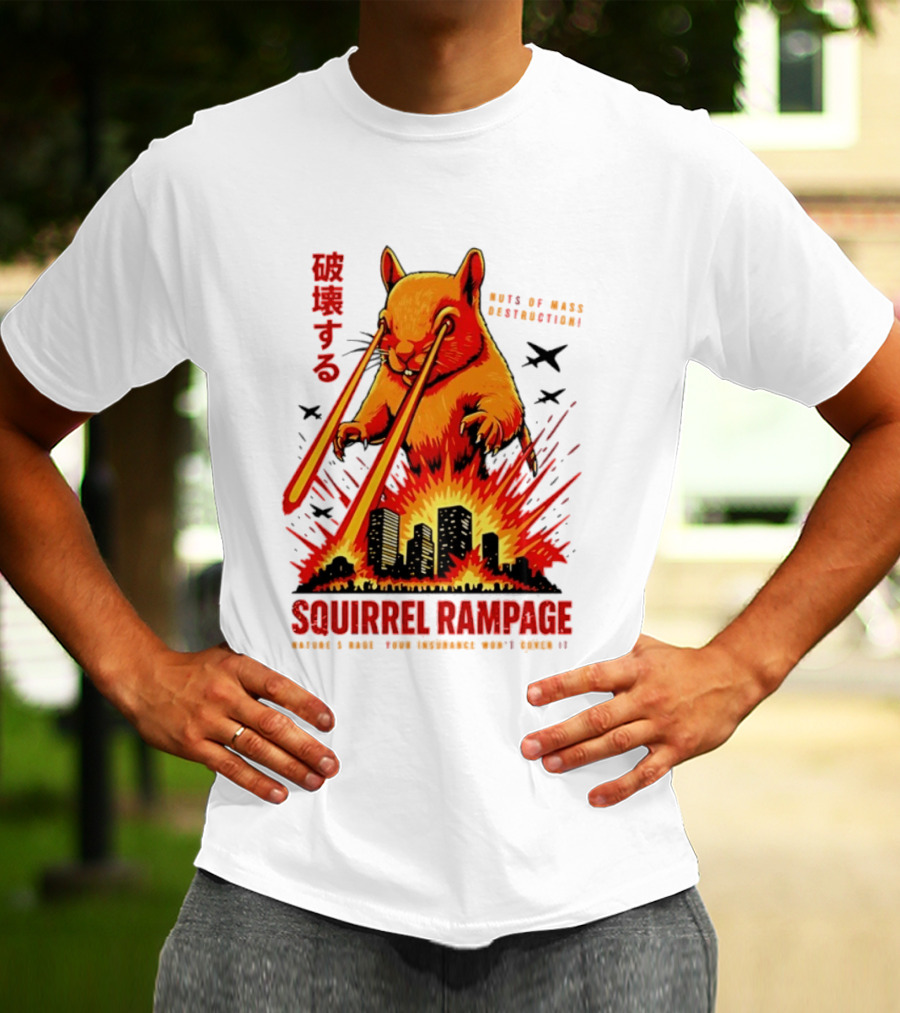Squirrel Rampage Laser Eyes Skyline Destruction Nuts Of Mass Destruction T-Shirt
