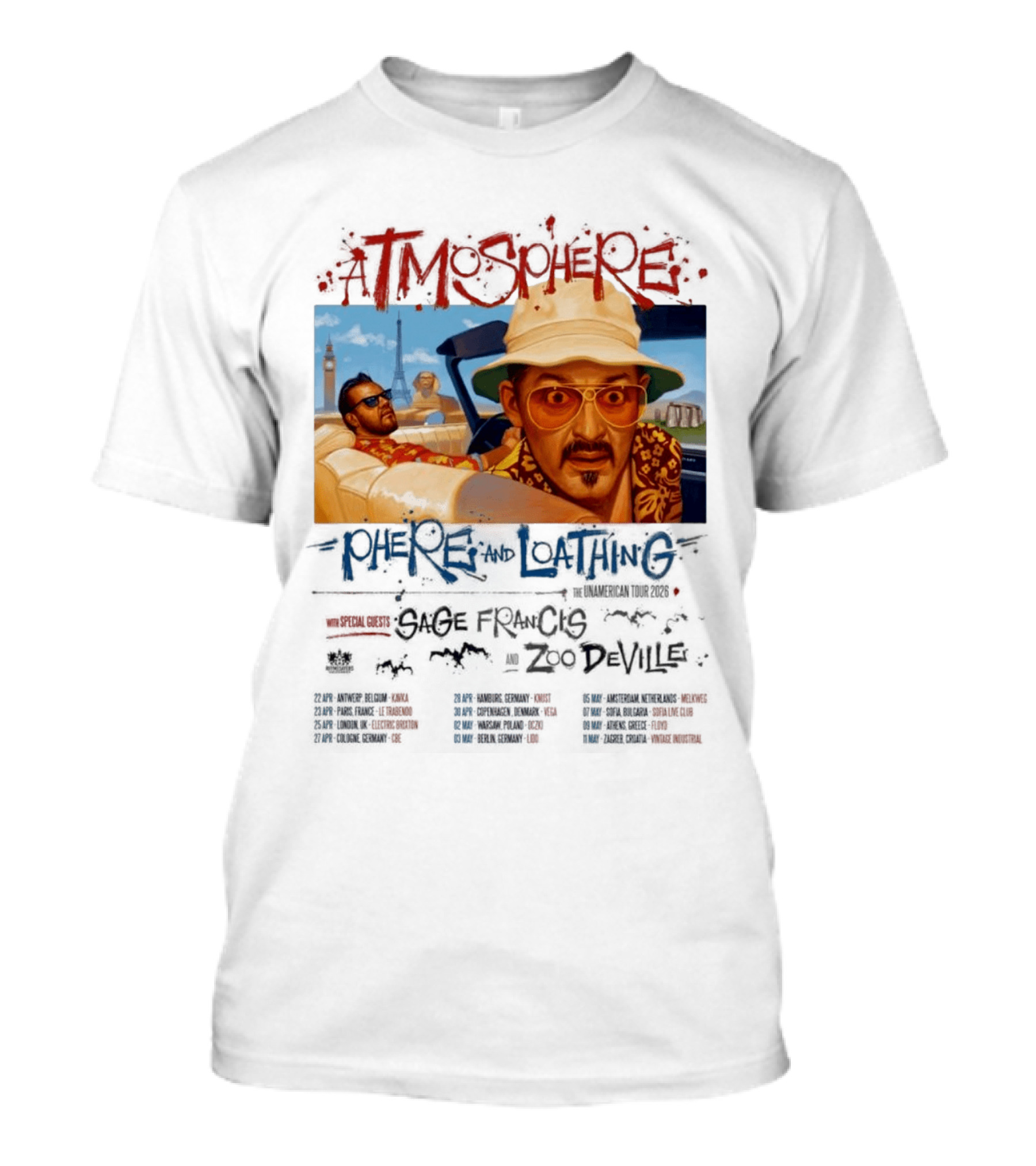 Atmosphere Sphere And Loathing Unamerican Tour 2026 Sage Francis Zodeville Paris London Vegas T-Shirt