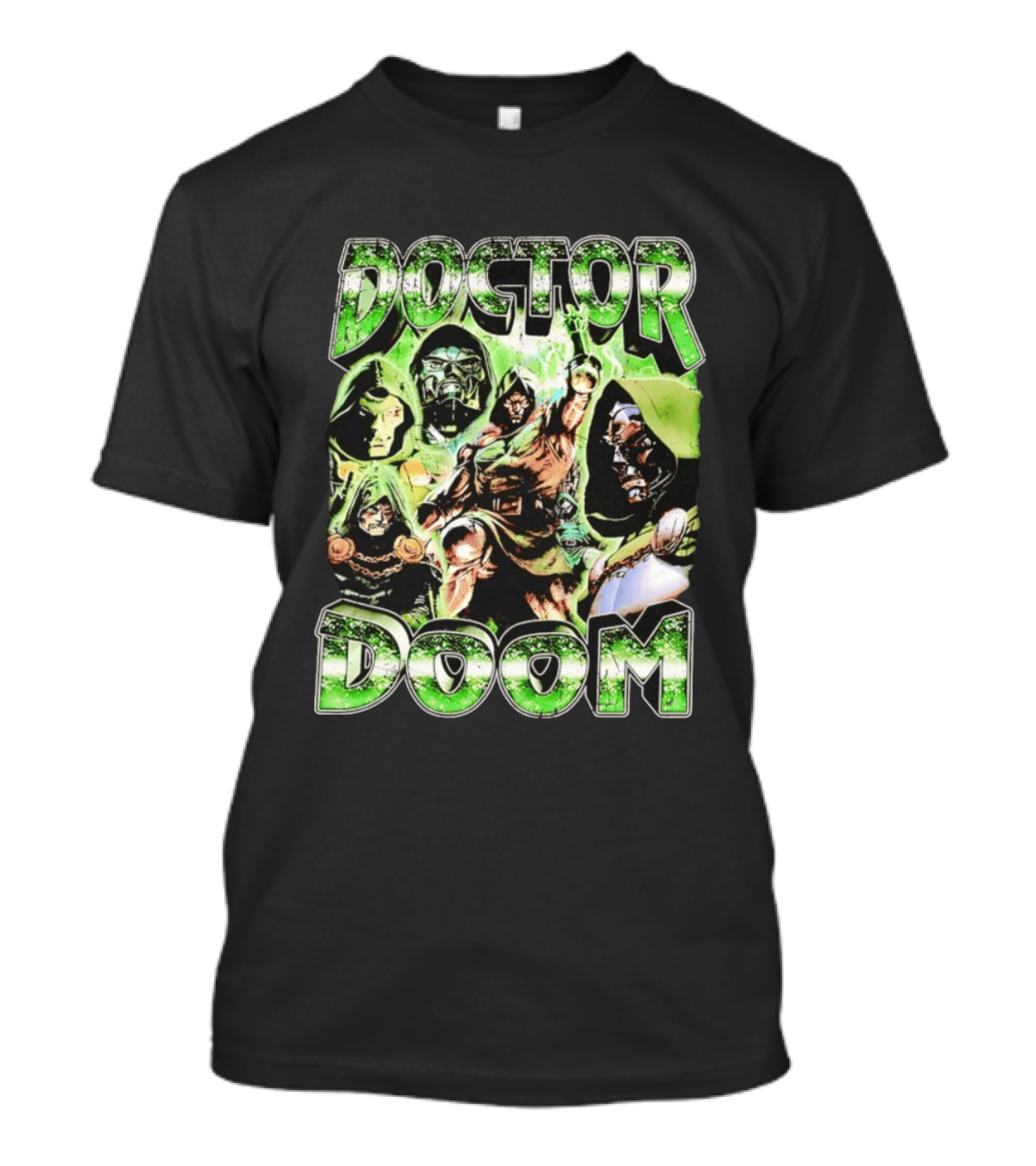 Doctor Doom 90s Bootleg Rap Vintage Style Green Comic Collage T-Shirt