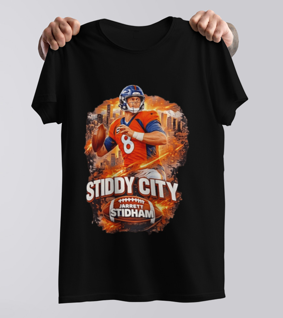 Stiddy City Jarrett Stidham Denver Broncos Quarterback 8 Urban Skyline Football T-Shirt