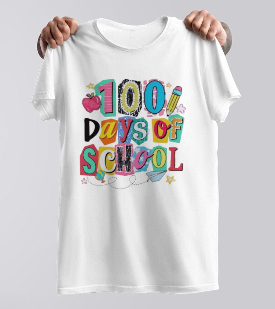 100 Days Of School Celebration Apple Pencil Stars Paper Plane Classroom T-Shirt