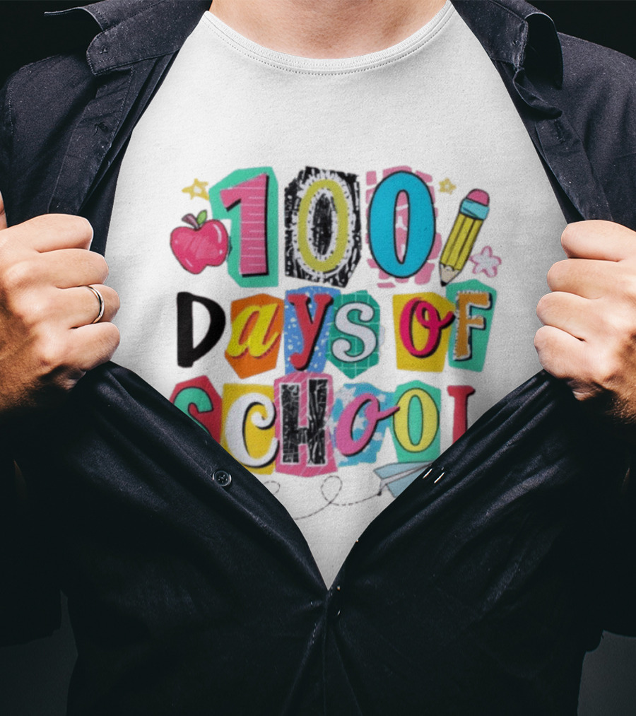 100 Days Of School Celebration Apple Pencil Stars Paper Plane Classroom T-Shirt