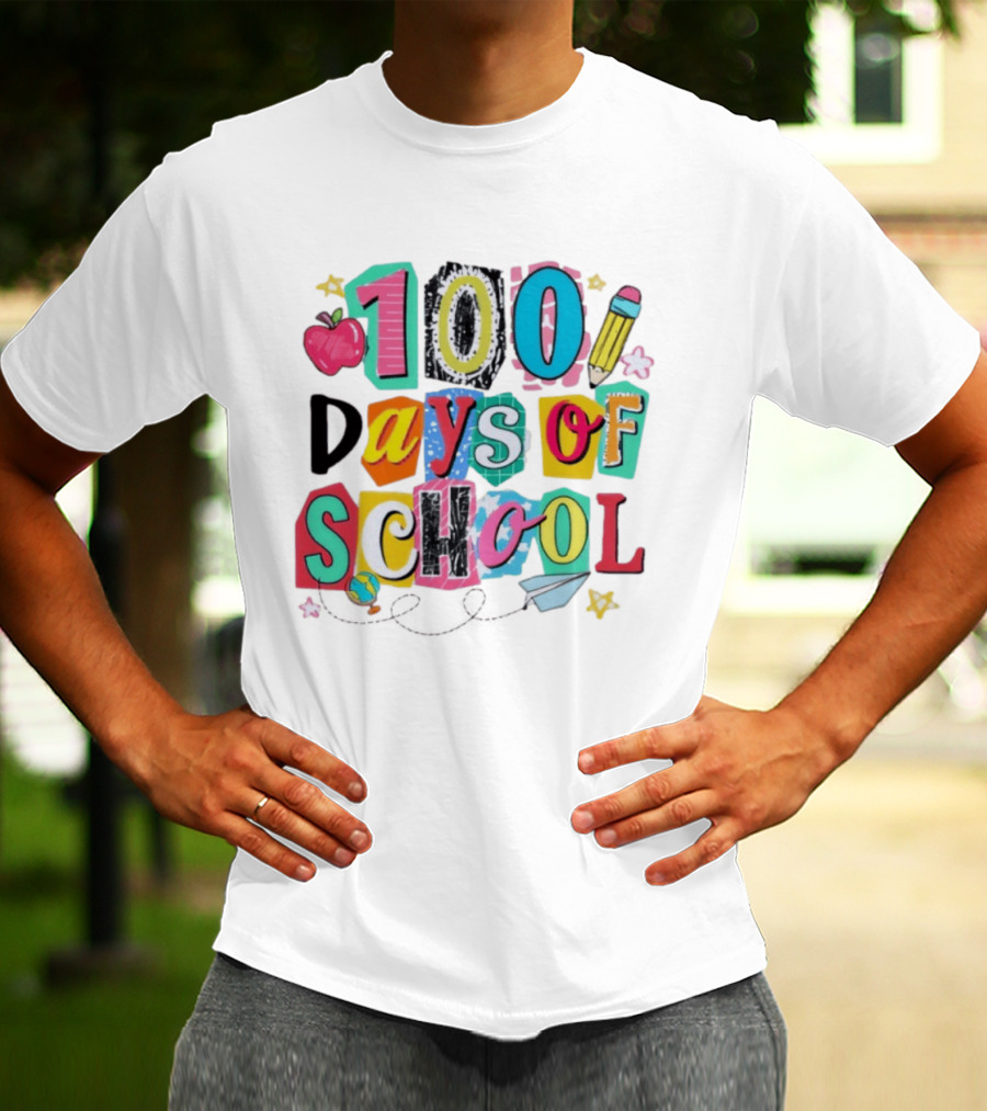 100 Days Of School Celebration Apple Pencil Stars Paper Plane Classroom T-Shirt