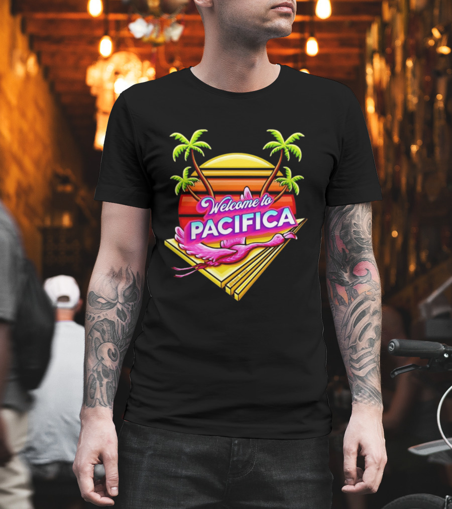 Welcome To Pacifica Flamingo Sunset Palms T-Shirt