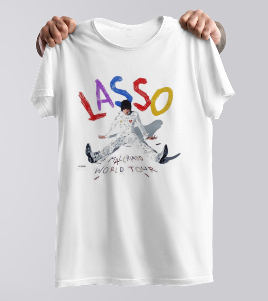 Lasso Malcriado 2025 World Tour Dates Colorful Lettering And Outfit T-Shirt