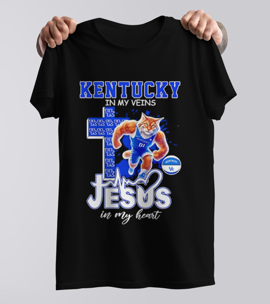 Kentucky Wildcats In My Veins Jesus In My Heart Wildcat Cross T-Shirt