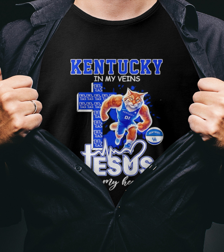 Kentucky Wildcats In My Veins Jesus In My Heart Wildcat Cross T-Shirt