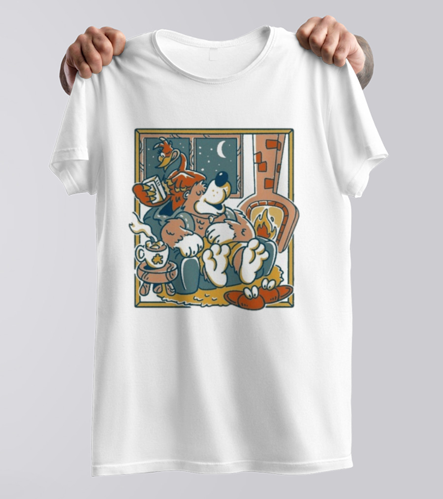 Henrique Torres Nighty Night Cozy Bear By The Fireplace With Duck And Coffee T-Shirt