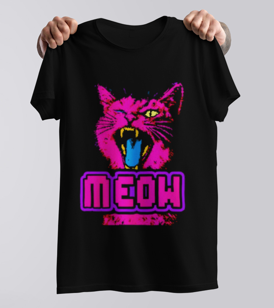 Neon Pink Angry Cat MEOW Cyberpunk Aesthetic Retro Futuristic T-Shirt