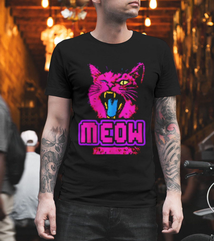 Neon Pink Angry Cat MEOW Cyberpunk Aesthetic Retro Futuristic T-Shirt