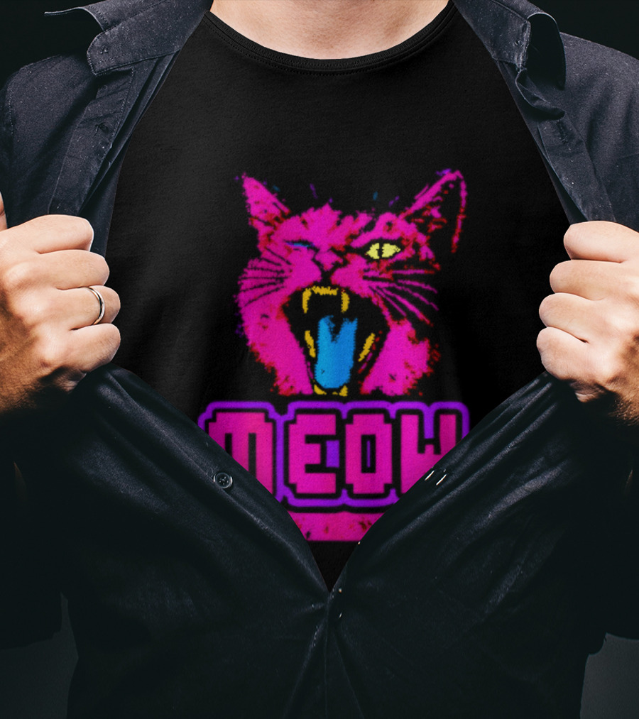 Neon Pink Angry Cat MEOW Cyberpunk Aesthetic Retro Futuristic T-Shirt