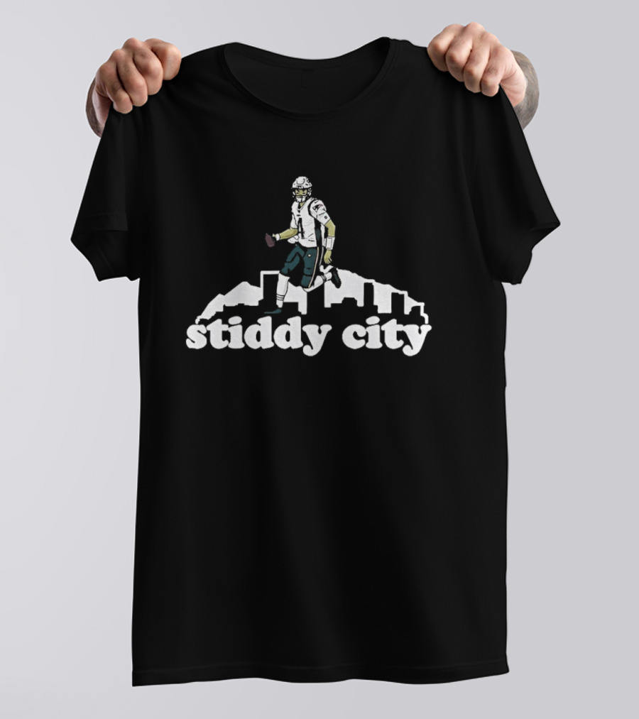 Stiddy City Jarrett Stidham Denver Broncos Skyline Football T-Shirt
