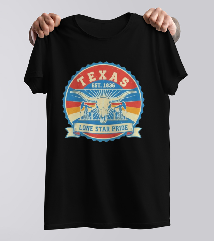 Texas EST 1836 Lone Star Pride Oil Derrick Longhorn T-Shirt