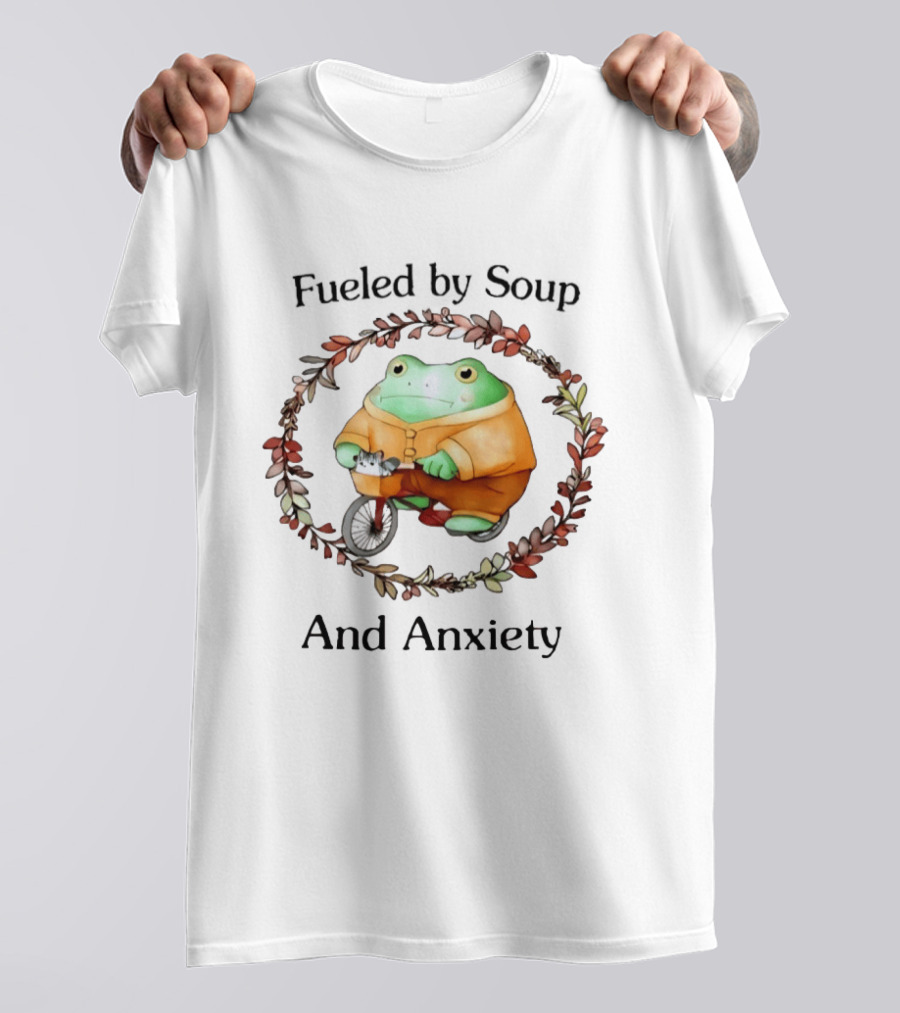 Fueled By Soup Frog Riding Scooter With Cat Surrounded By Autumn Leaves And Anxiety T-Shirt
