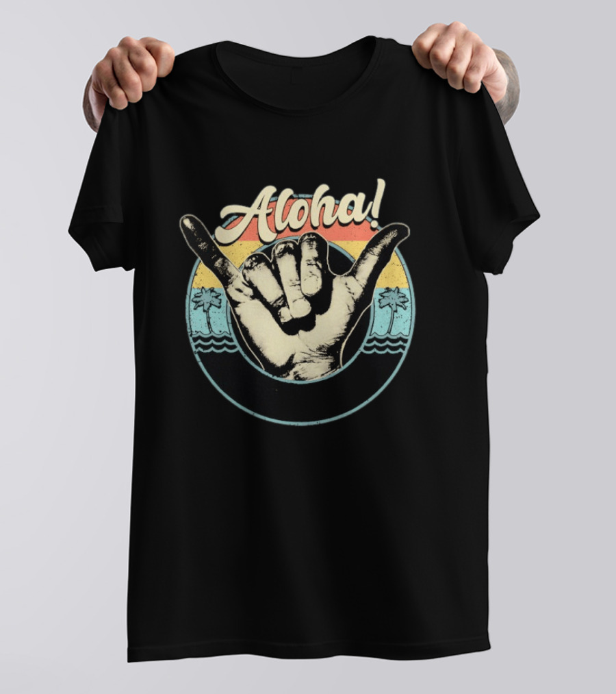Aloha Shaka Hand Gesture Tropical Sunset With Palm Trees T-Shirt