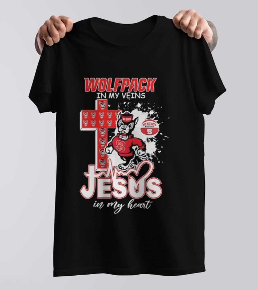 NC State Wolfpack In My Veins Jesus In My Heart Faithful Cross T-Shirt