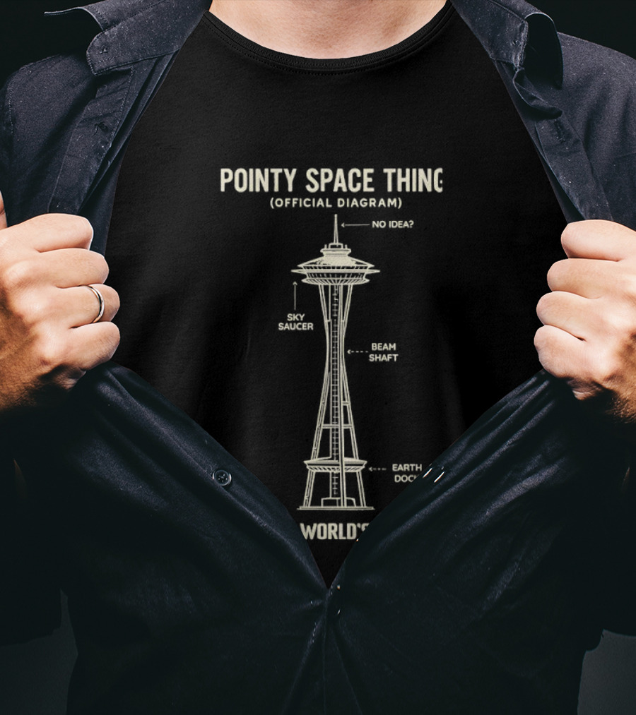 Pointy Space Thing Official Diagram 1962 World's Fair Sky Saucer Beam Shaft Earth Dock T-Shirt