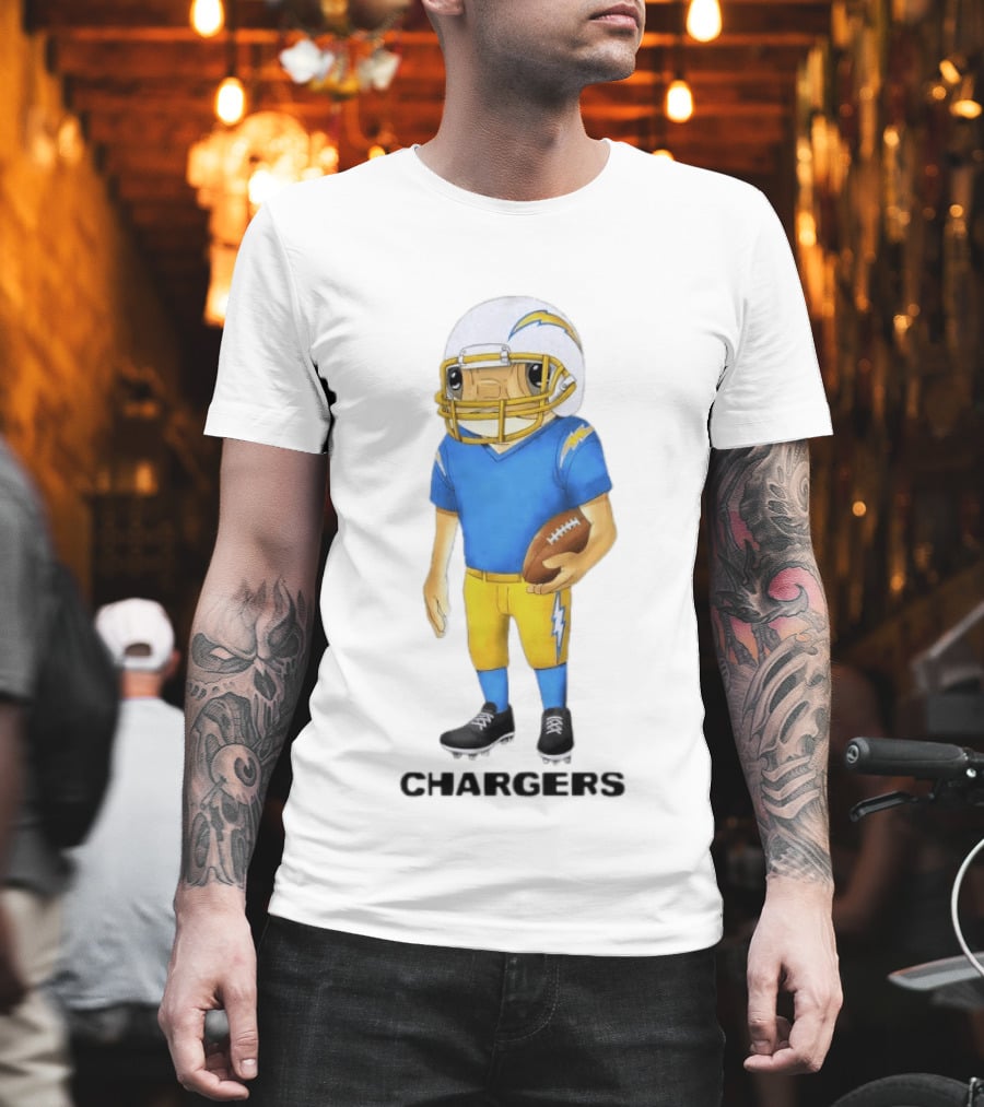 Bad Bunny X Los Angeles Chargers Collaboration Concho With Cartoon Football Player T-Shirt