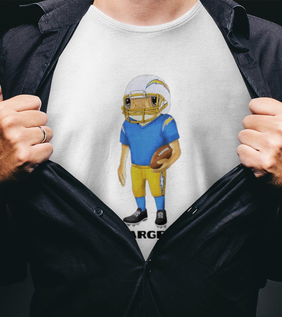 Bad Bunny X Los Angeles Chargers Collaboration Concho With Cartoon Football Player T-Shirt