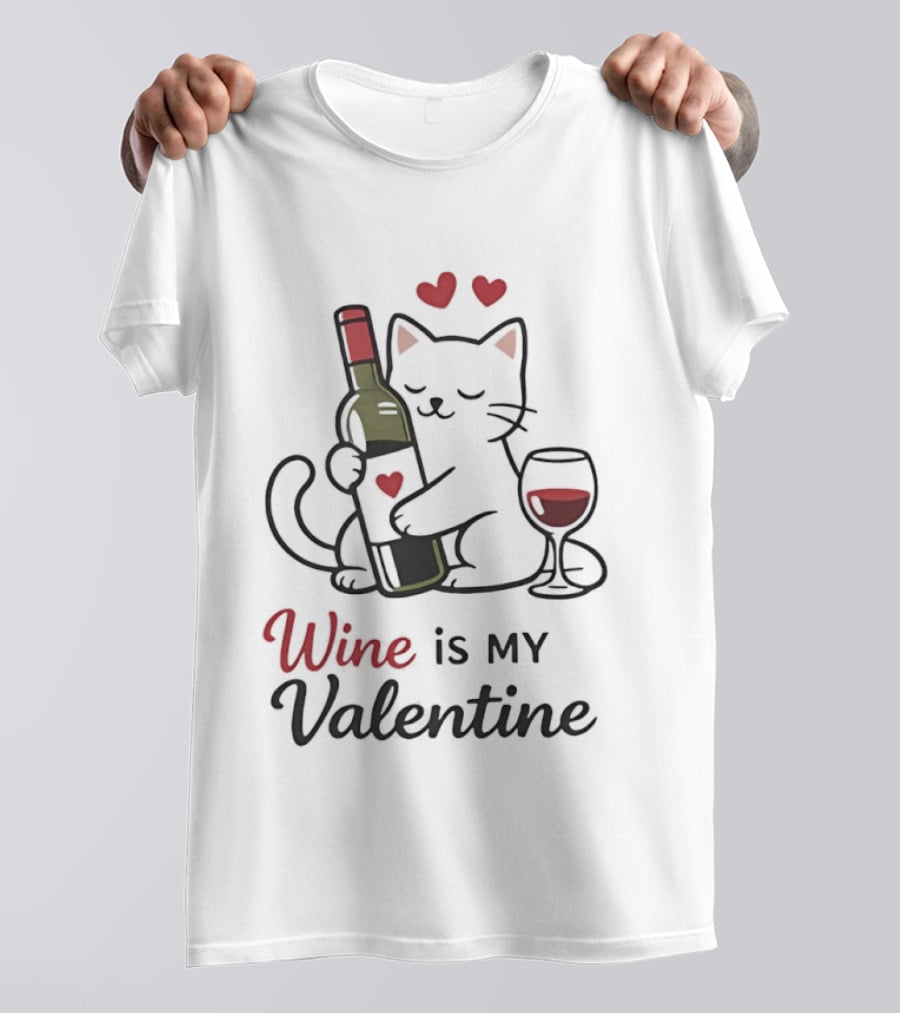 Cat Wine Is My Valentine With Hearts And Wine Glass T-Shirt