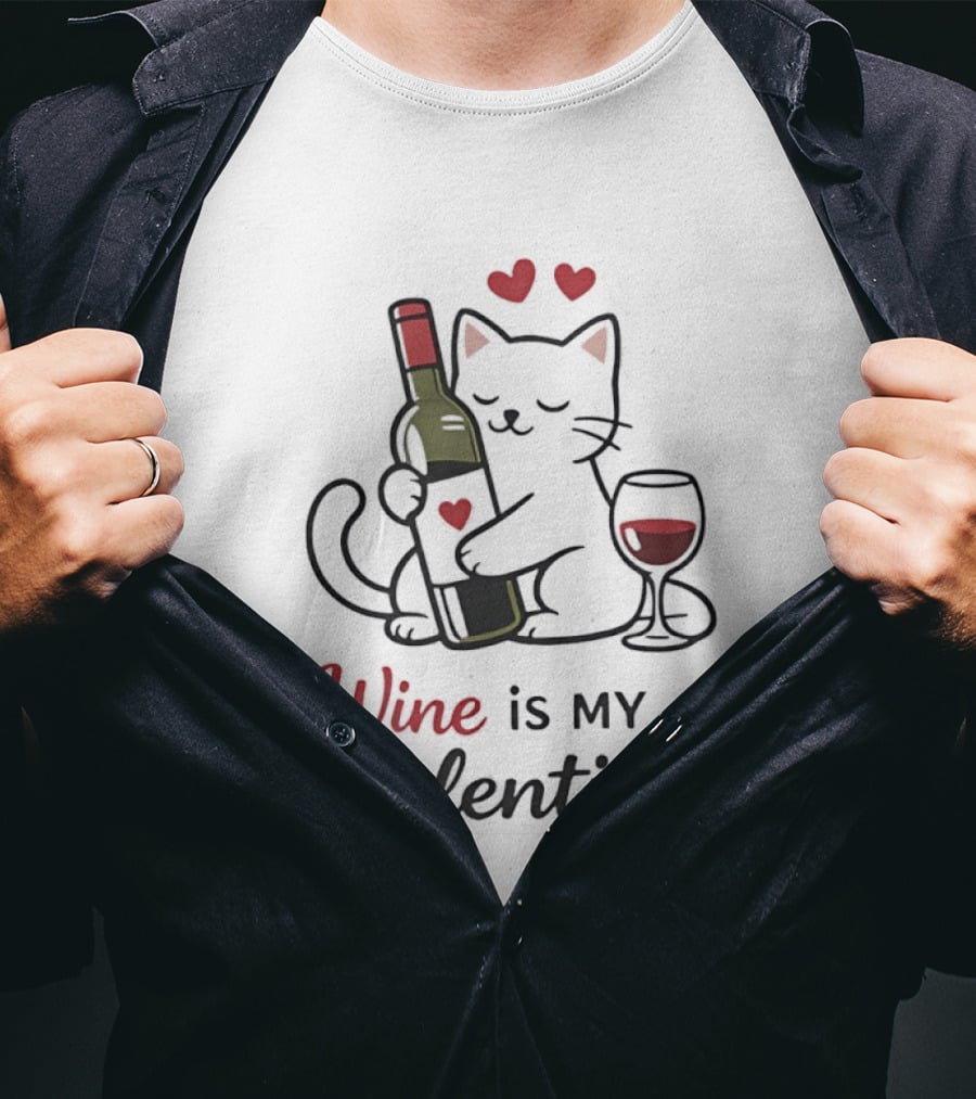 Cat Wine Is My Valentine With Hearts And Wine Glass T-Shirt
