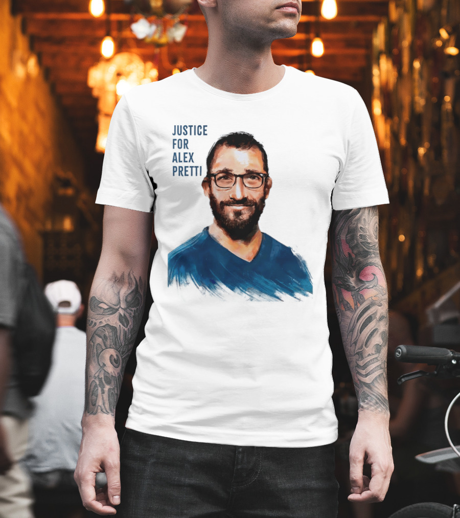Justice For Alex Pretti Painting Portrait With Glasses And Blue T-Shirt