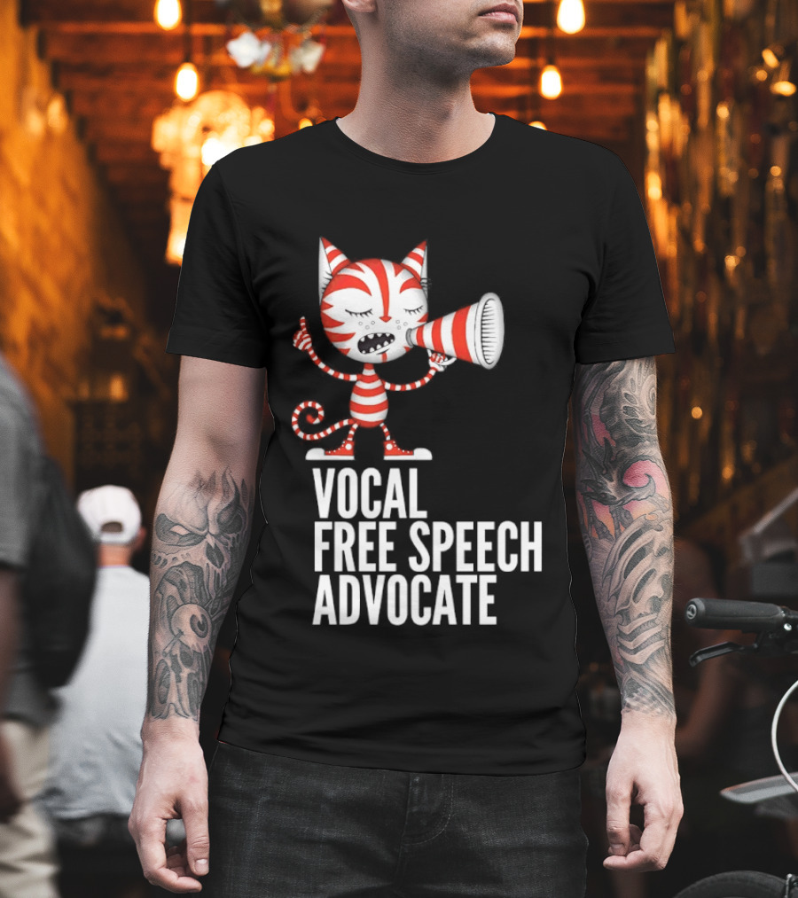 Cat Vocal Free Speech Advocate Megaphone Red Striped T-Shirt