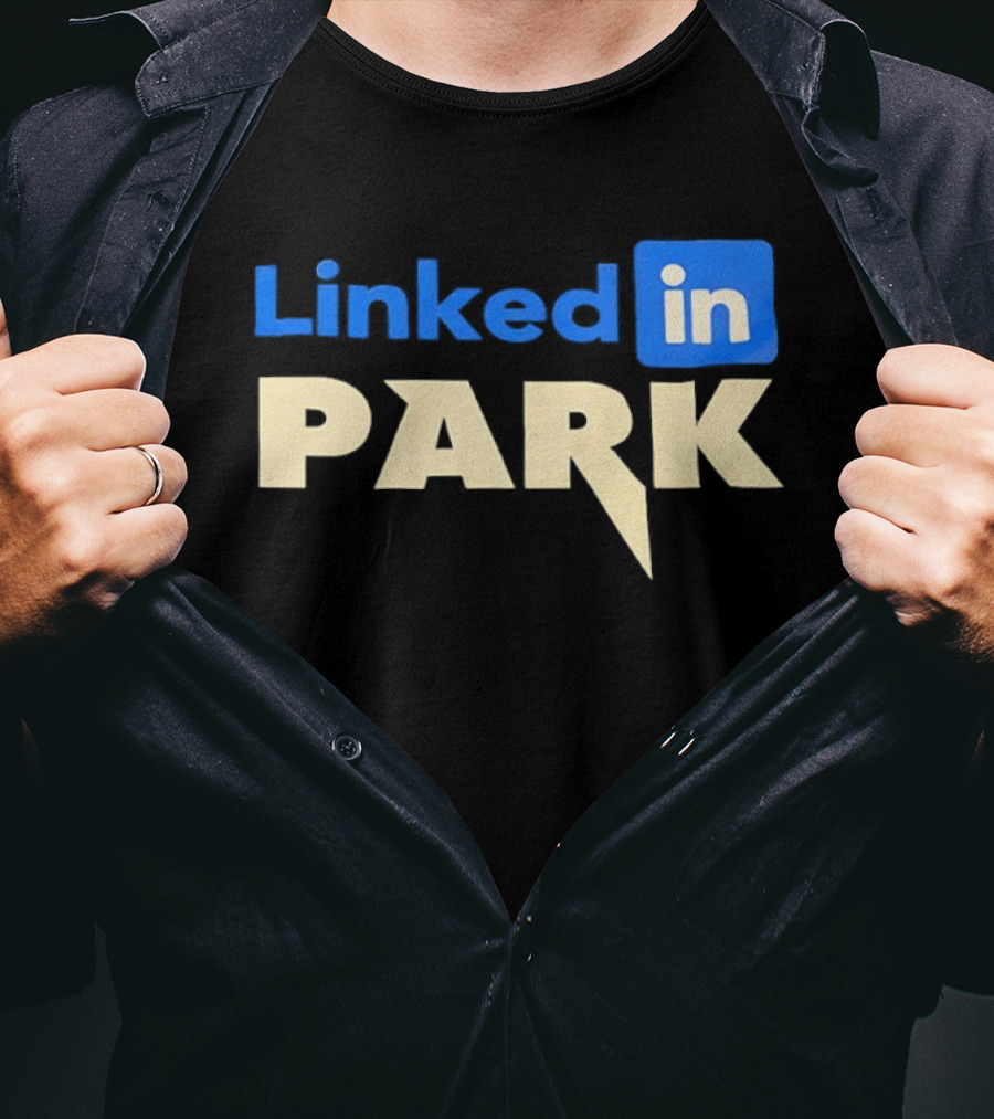 Linked In Park Blocky Font Text In Blue And Beige T-Shirt