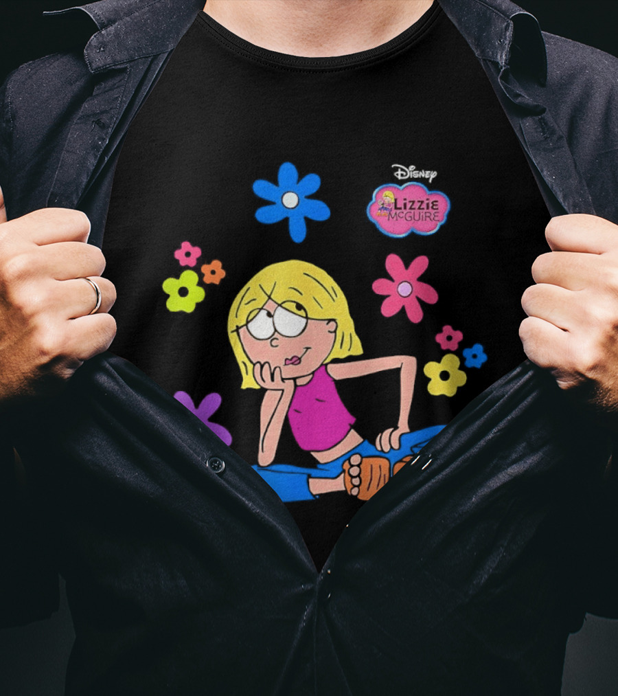 Lizzie McGuire Cartoon Colorful Flowers And Character Sitting Clipart T-Shirt