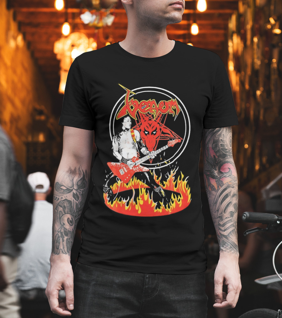 Venom Red Demon Guitarist Flaming Circle T-Shirt