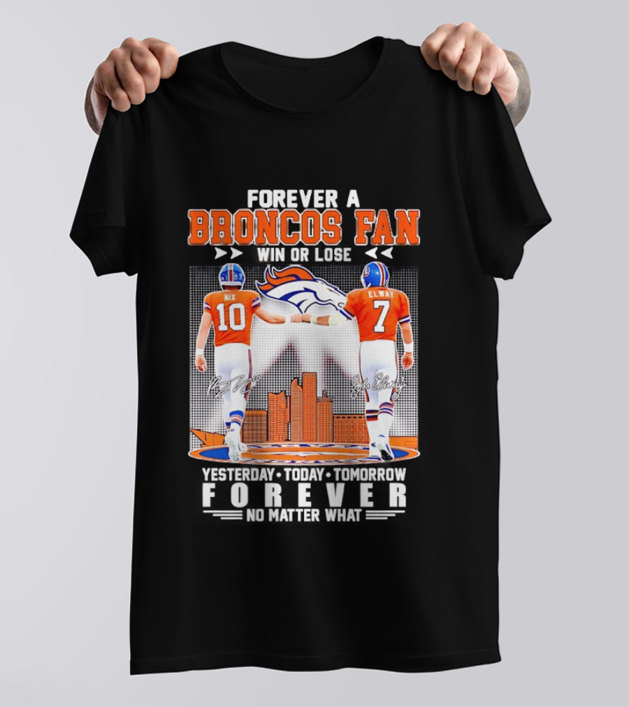 Forever A Broncos Fan Bo Nix John Elway City Skyline T-Shirt