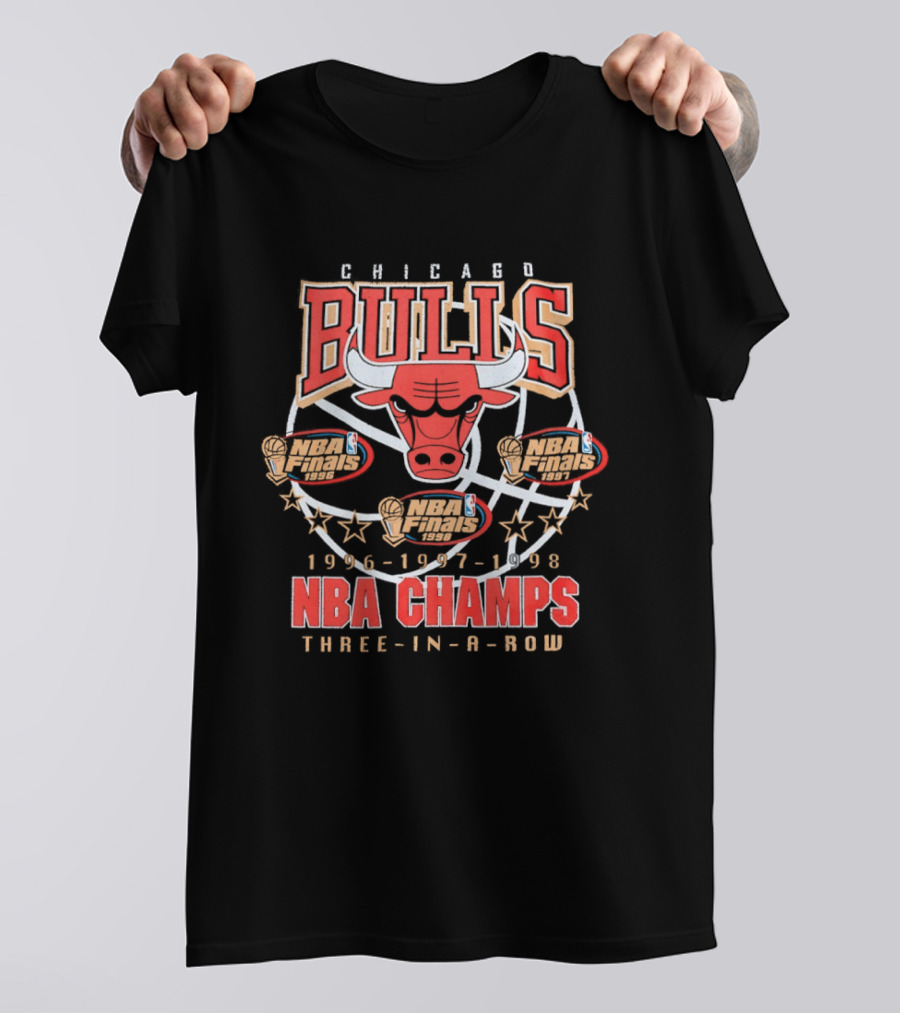 Chicago Bulls NBA Champs Three In A Row 1996 1997 1998 T-Shirt