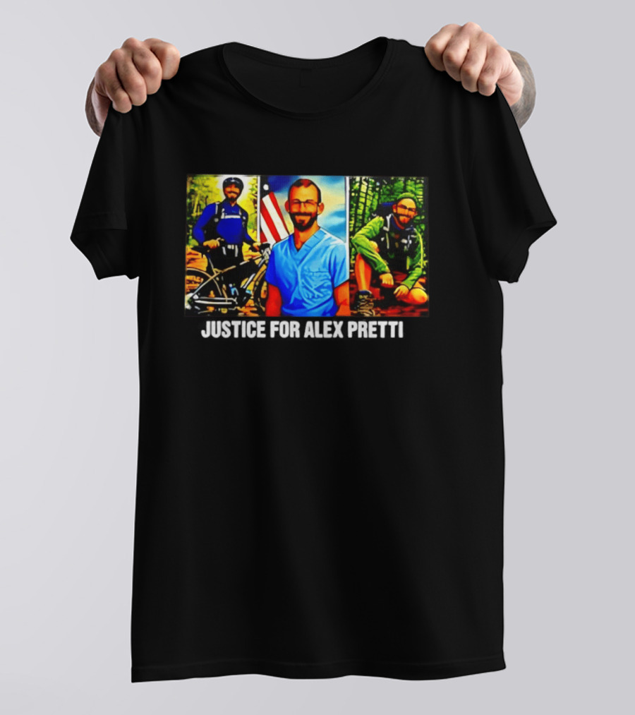 Justice For Alex Pretti Cartoon Art With American Flag And Nature Explorer T-Shirt