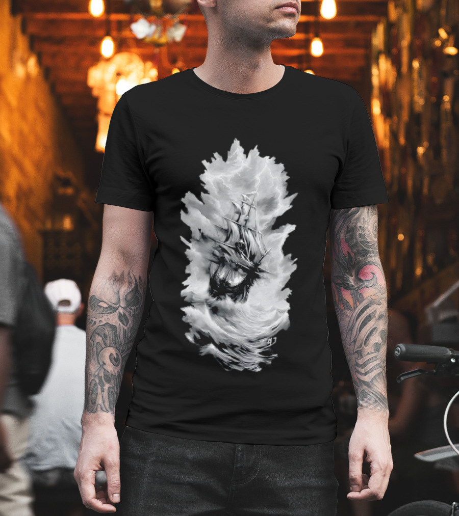 Driven By The Storm Sailing Ship Amidst Thunderous Waves T-Shirt