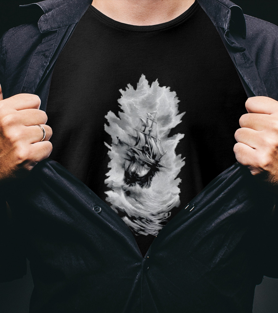 Driven By The Storm Sailing Ship Amidst Thunderous Waves T-Shirt