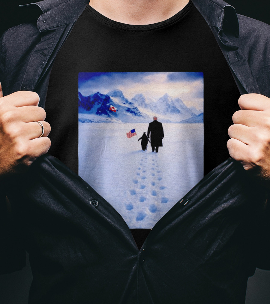 The White House Donald Trump Walking With Penguin American Canadian Flags Snowy Mountains T-Shirt
